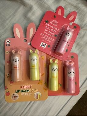 Rabbit Lip Balm Duo & Strawberry Collagen Lip Balm - mango honey & Peach bundle
